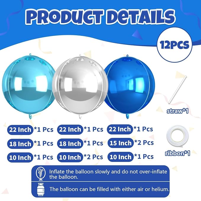 Blue and SIlver Round Balloons Foil, Metallic Blue Silver Balloons - Image 2