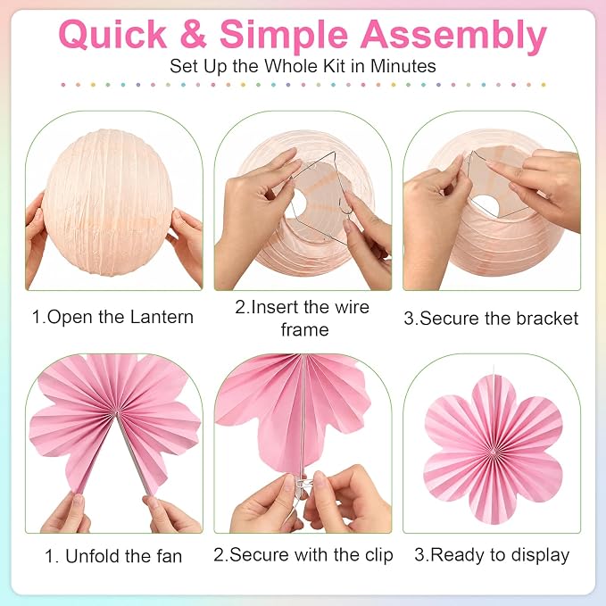 Pastel Classroom Ceiling Decor, 18-Pc Hanging Paper Lanterns & Flower Fans | - Image 4