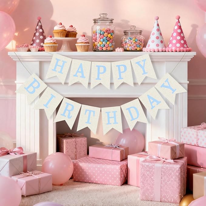 White Burlap Happy Birthday Banner Sign Birthday Garland Wall Door Hanging - Image 3
