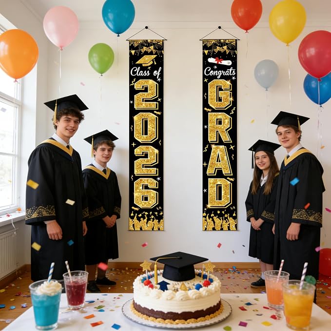 Class of 2026 GRAD Banner Porch black and gold graduation decorations，Welcome - Image 4