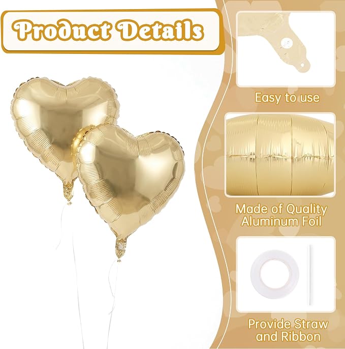 12 Pcs Light Gold Heart Balloons, 18 Inch Heart Foil Balloons Love Balloon - Image 5