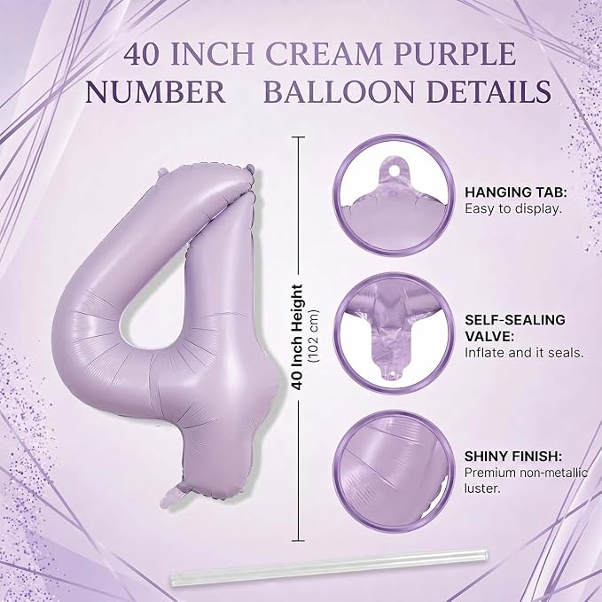 Cream Purple Number 4 Balloon 40 Inch, Foil Numeral - Image 4