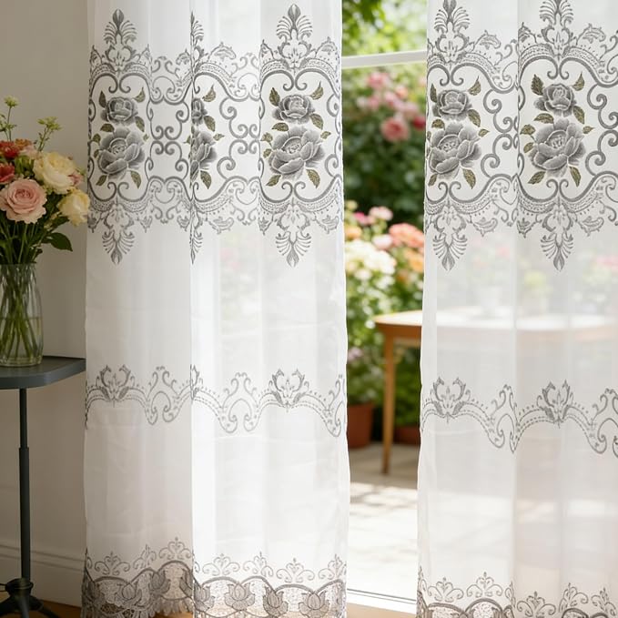 1 Panel Transparent Floral Embroidered Sheer Curtain - Image 3
