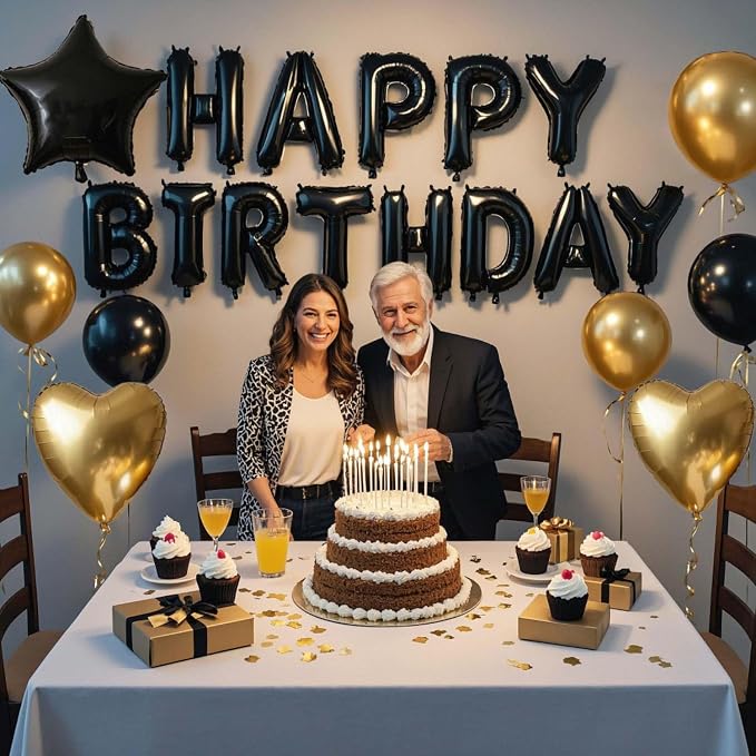 27 Pcs Black Gold Birthday Decorations, 3D Letters Black Happy Birthday Balloon - Image 3