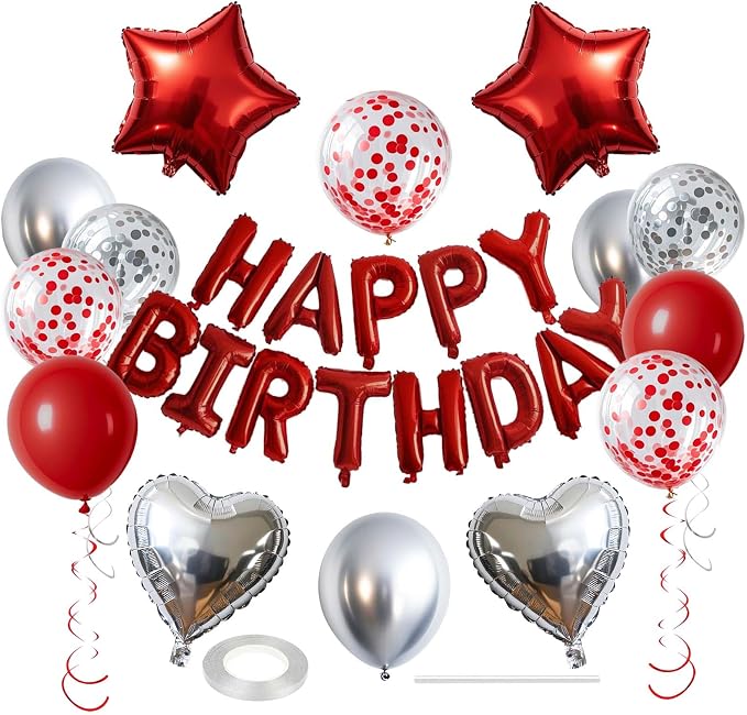27 Pcs Red Silver Birthday Decorations, 3D Letters Red Happy Birthday Balloon by WEIKA