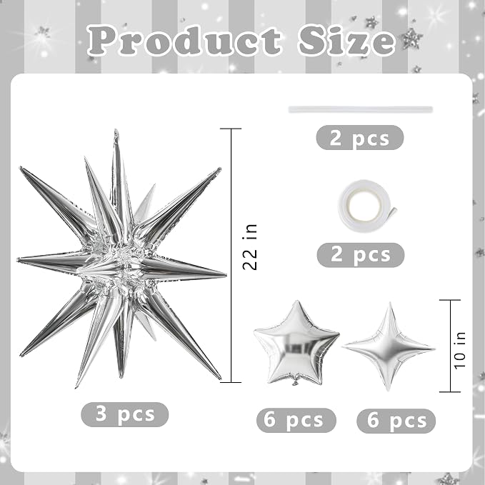 TONIFUL 22Inch 15Pcs Silver Large Explosion Star Mylar Balloons and 10Inch Four - Image 2
