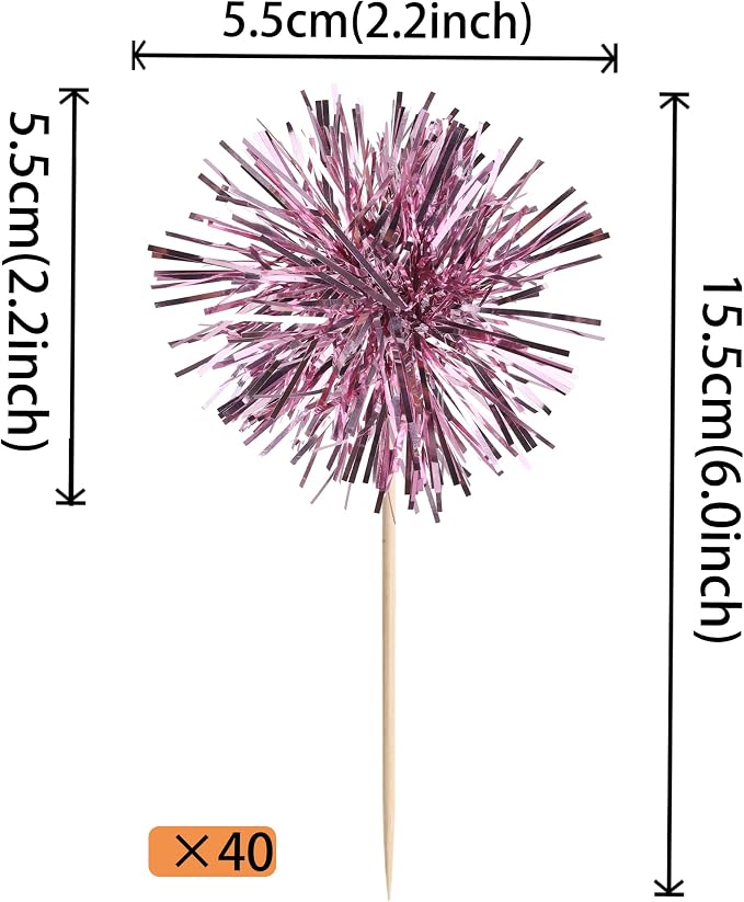 40 PCS Foil Firework Cupcake Toppers Sparkle Tinsel Cupcakae Picks Sparkler - Image 2