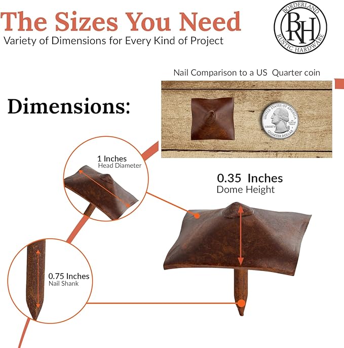 50 Pack 1" Square Head Iron Clavos Decorative Nails – Sealed Rusted – Handmade Rustic Square Fasteners for Farmhouse Shutters, Faux Wood, Barn Doors, Shutters, and Gates – Ornamental Wood Accent