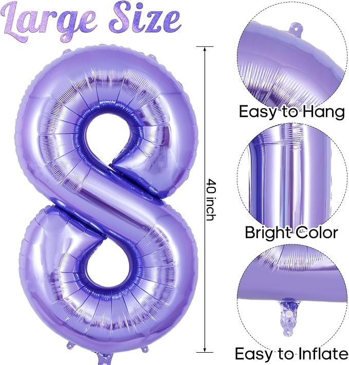 Purple Number 8 Balloon 40 Inch, Big Large Foil Helium Number Balloons - Image 3