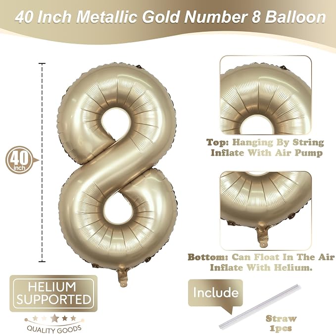 Metallic Gold Number 8 Balloons, 40 Inch Giant Light Champagne Gold Mylar Foil - Image 2
