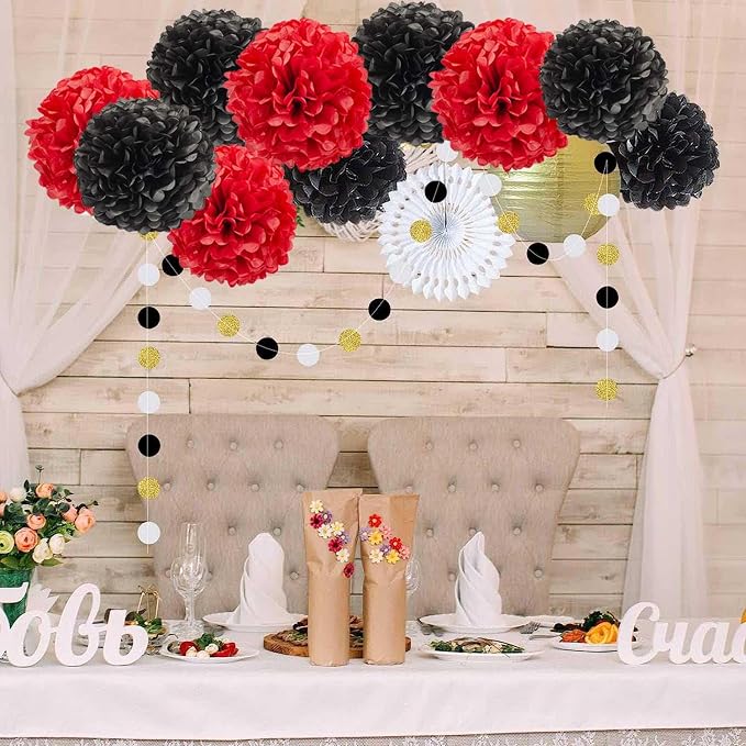 BRZIKWT 12 Pcs Black Red Tissue Paper Pom Poms - Image 2