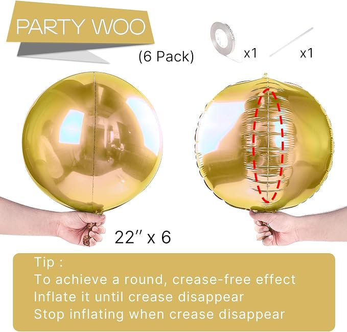 PartyWoo Metallic Gold Large Round Giant 4D Foil Balloons 6pcs 22 Inch | 22 Inch - Image 4