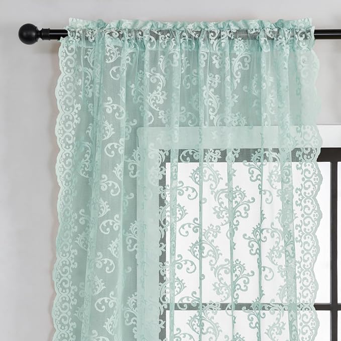 Pastel Turquoise Lace Curtains 72 Inch Length 2 Panels Light Teal Paisley Lace - Image 3
