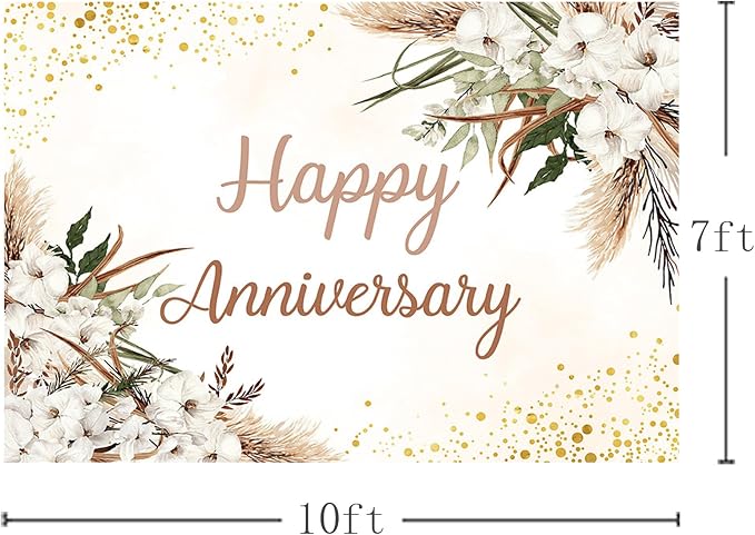 MEHOFOND Boho Happy Anniversary Backdrop White Floral Bohemia Pampas Grass - Image 4