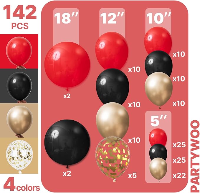 PartyWoo Red Black and Gold Balloon Arch Kit 142pcs Black Red Gold Balloons | - Image 2