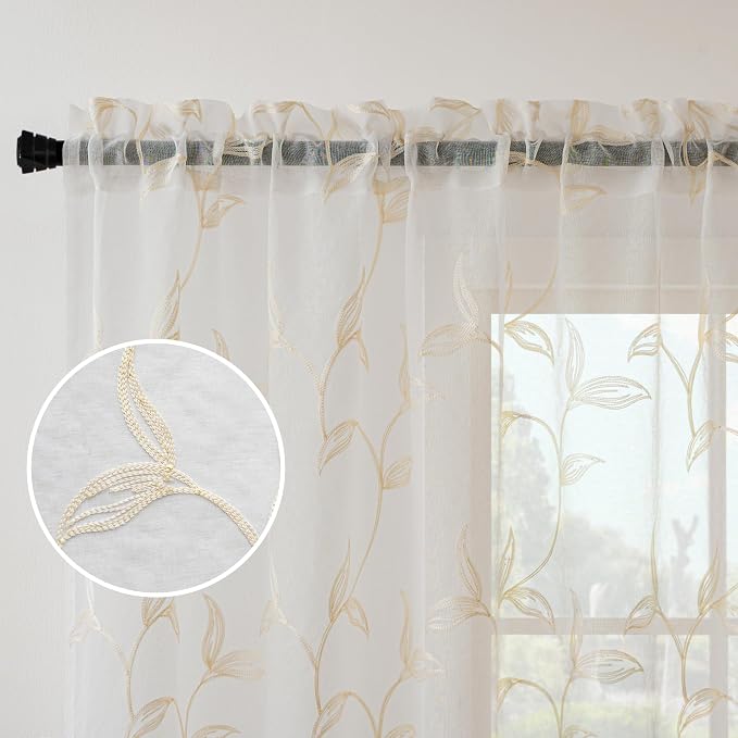 Sheer Curtains Boho Leaf Floral Embroidered Cream Beige 54Wx54L | Light - Image 2