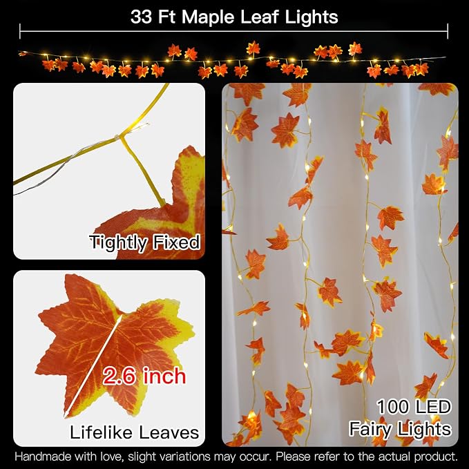 Vine with Fairy Lights Battery Operated, 33ft 100 LED Maple Leaf String Lights - Image 6