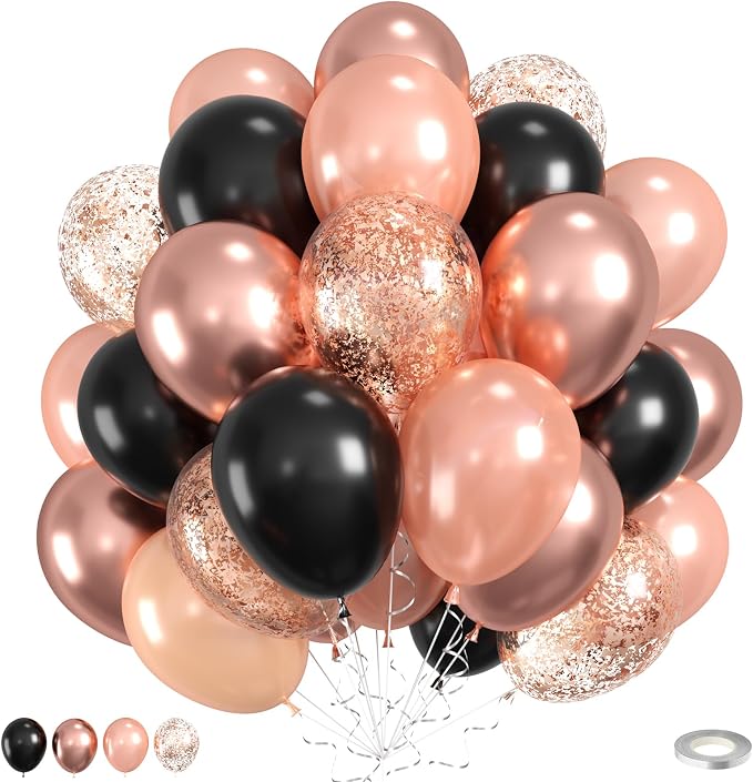 Black Rose Gold Balloons, Metallic Pearl Matte Confetti Balloon by Saxuxu