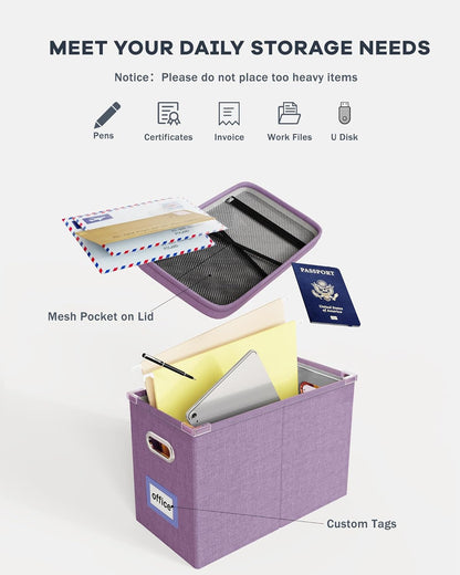 Oterri File Organizer With Lid, Hanging Filing Box With Mesh Pocket, Document Organizer for Letter Files, Portable Storage for Office & Home (2 PCS, Taro Purple)