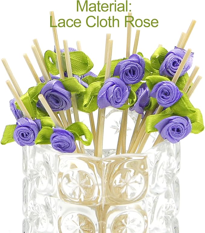 Minisland Purple Rose Flower Cocktail Picks, 4.7 Inch Long Bamboo Fancy - Image 3