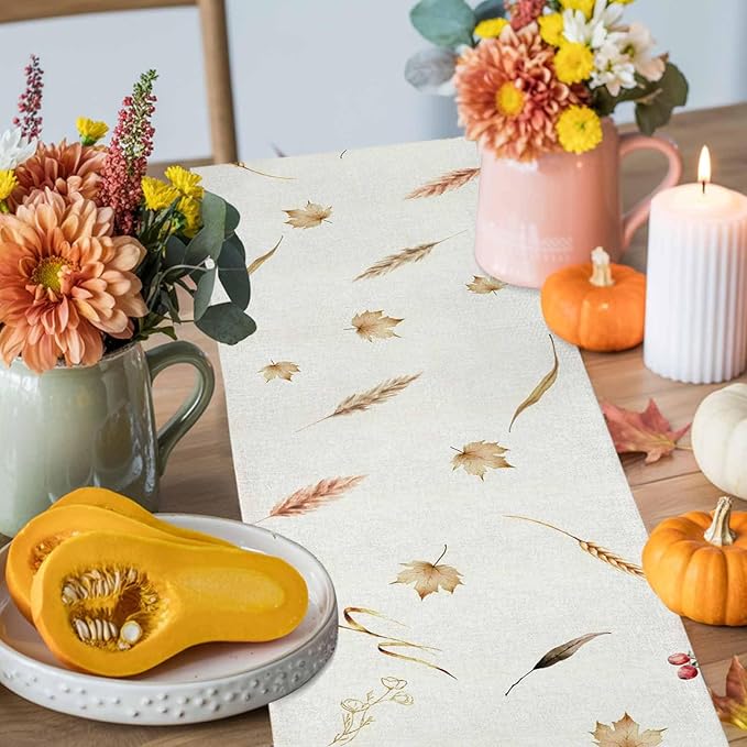 Fall Thanksgiving Cotton Linen Table Runner for Dining Kitchen, Orange Pumpkins Outdoor Party Autumn Tablerunners Decoration, Rustic Wheat Leaves Dresser Scarf Coffee Tablecloth Runners 13x90 Inches