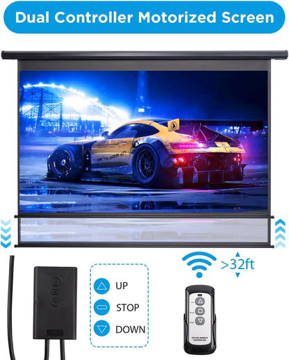 Projector Screen Motorized 100 Inch Electric Projector Screen with Remote Ceiling Mount Hooks, Pull Down Retractable Projection Screen Movie Screen Black 16:9, Automatic Projector Screen Roll Down