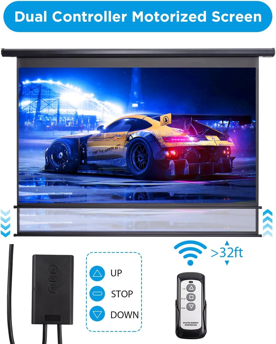 Motorized Projector Screen Pull Down 120 Inch Automatic Projector Screen with Remote Control and Ceiling Mount Hooks, Electric Projection Screen Retractable Black Movie Screen 4:3 Outdoor Indoor