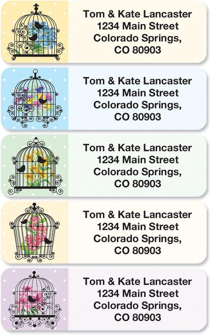 Birdcages Rolled Personalized Return Address Mailing Labels with Dispense, Set of 250, 5 Designs, Small ¾ x 2½ Inch Size, Custom Self-Adhesive Sticker Roll, by Colorful Images