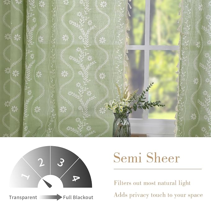 Schweek Sage Green Boho Curtains 84 Inches Length 2 Panels - Image 3