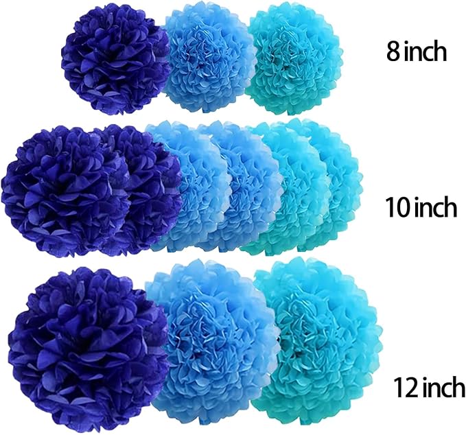 12Pcs Blue Hanging Tissue Paper Pom Poms, Pompoms Flowers - Image 4