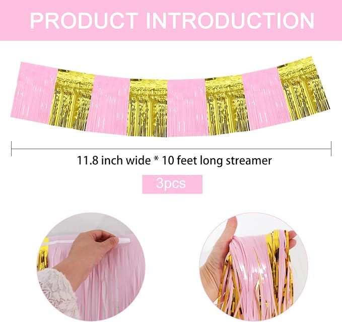 BEISHIDA Pink Gold Fringe Garland Banner 30ft Wall Tinsel Foil Streamers | 3Pack - Image 2