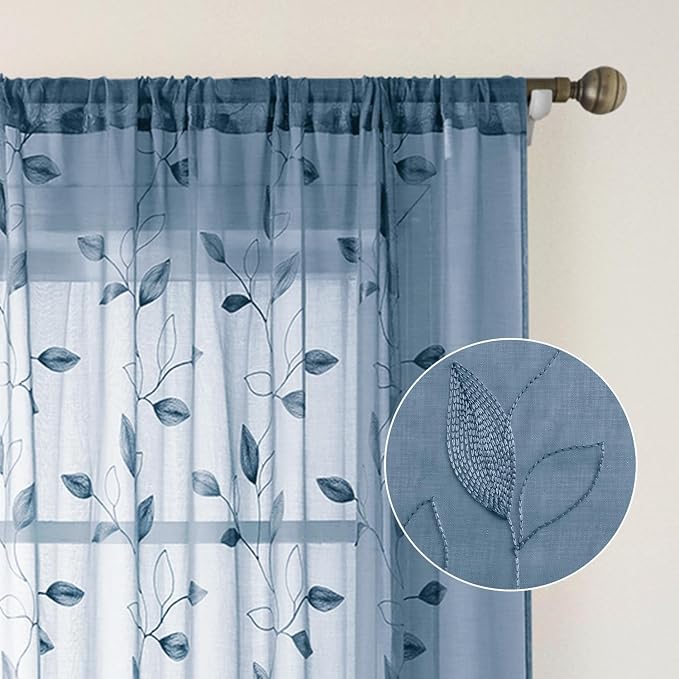 HOMEIDEAS Stone Blue Floral Sheer Curtains 63 Inches Long 2 Panels Embroidered - Image 4