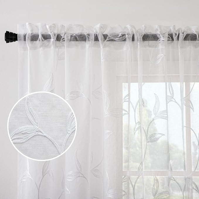 White Sheer Curtains Boho Leaf Floral Embroidered 54Wx55L | Light Filtering - Image 2