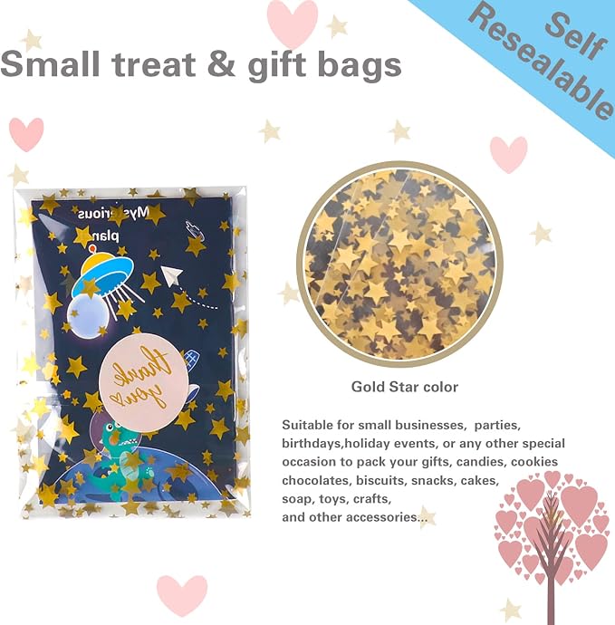 COQOFA 100 Pcs Star Printed Sealable Gift Wrap Cello Cellophane Bags Self - Image 3