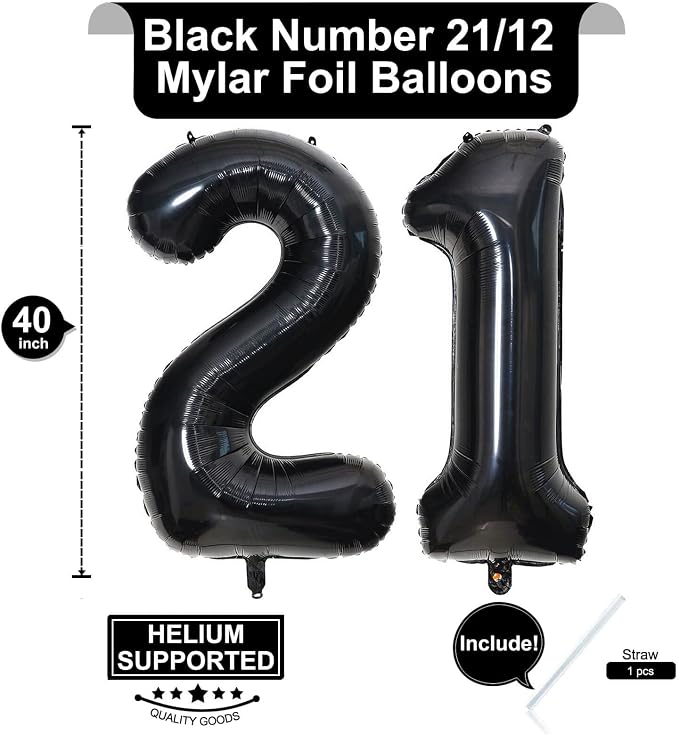 40 Inch Black 21 Number Balloons Giant Jumbo Huge 12 or 21 Foil Mylar Helium - Image 2