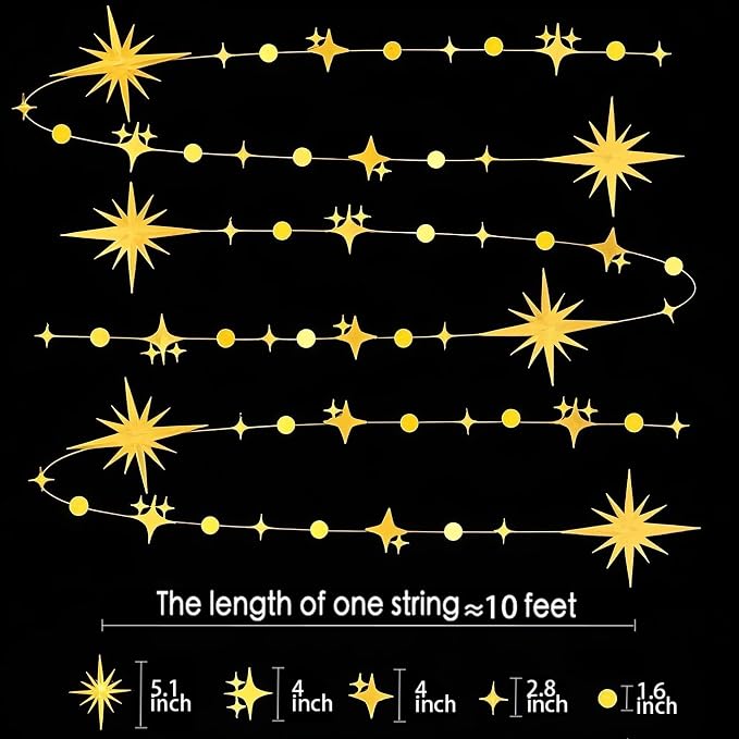 Glitter Gold Star Circle Dot Garland 30 Feet Twinkle Gold Star Circle Dot - Image 2