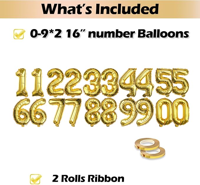 20 Pcs Gold 16" Number Balloons 2 Sets 0-9 Foil Balloon Numbers Décor | Glossy - Image 3