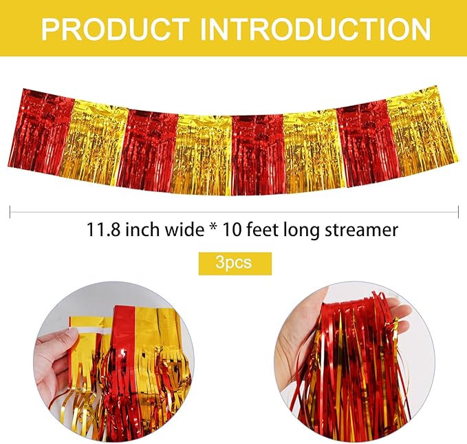 BEISHIDA Red Gold Fringe Garland Banner 30ft Wall Tinsel Foil Streamers | 3Pack - Image 3
