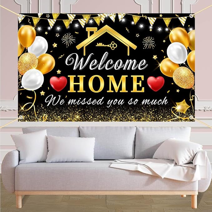 AIBIIN 8x6ft Welcome Home Banner Decorations Black Gold Welcome Home Backdrop - Image 7