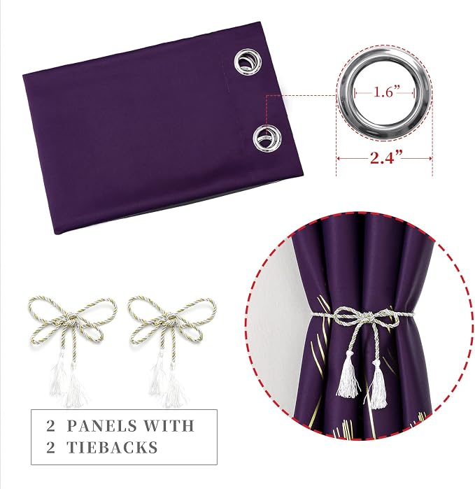 Purple Blackout Curtains for Bedroom, Room Darkening Gold Palm Tree Pattern - Image 4