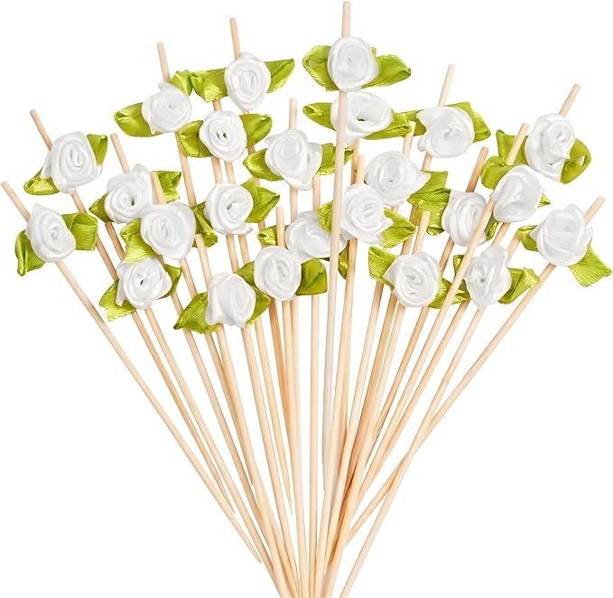 100PCS 4.7" Flower Cocktail Picks, Ribbon Rose Toothpicks Appetizer Skewers | by Barfroee