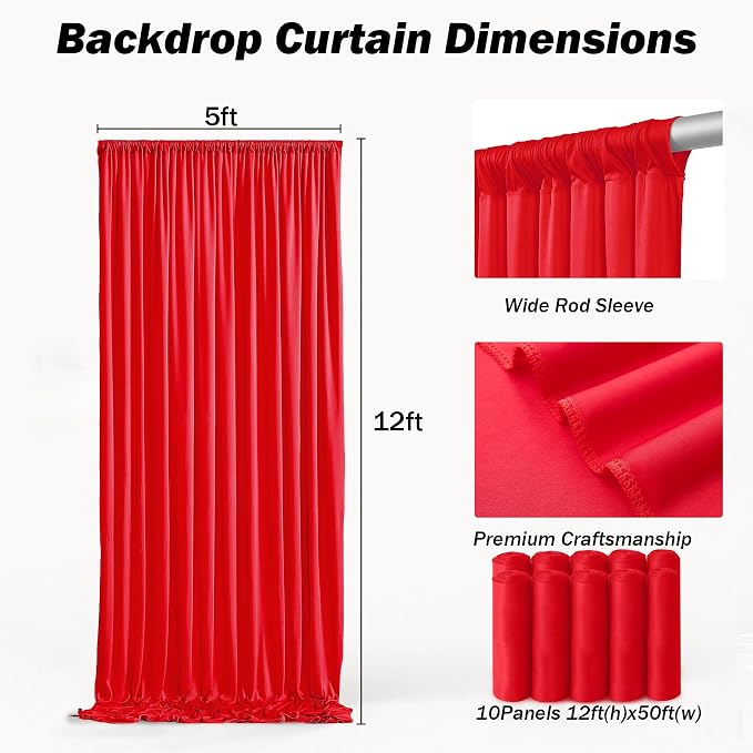 50ft×12ft Red Backdrop Curtain for Wedding Parties, 10 Panels Wrinkle Free - Image 4