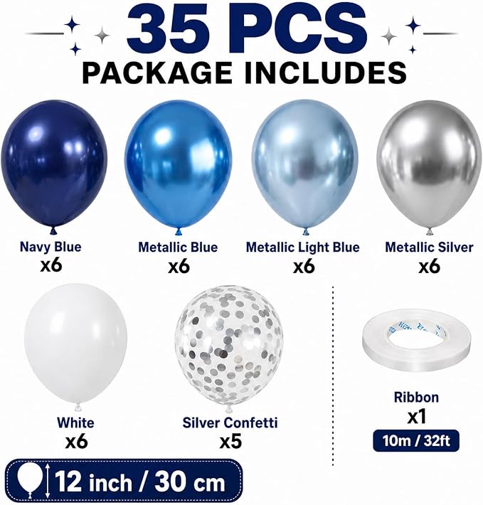 Blue Silver Balloons 12 Inch Navy Blue Silver White Balloons 35 Pcs Night Blue - Image 2