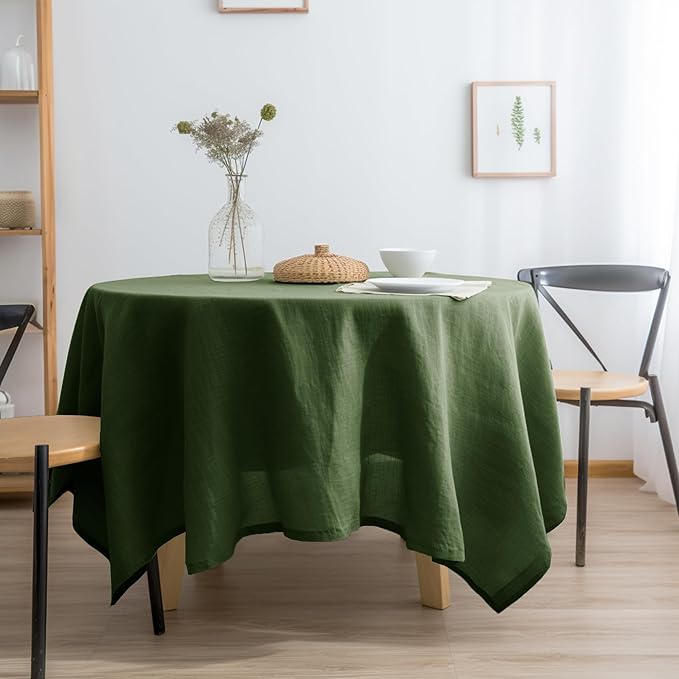 EVERLY 100% Pure Linen Round Tablecloths 80Inch Round Machine Washable Tablecloth for Thanksgiving,Decorative Halloween,Buffet Parties,Picnic,Events,Weddings and Restaurants-Olive Green
