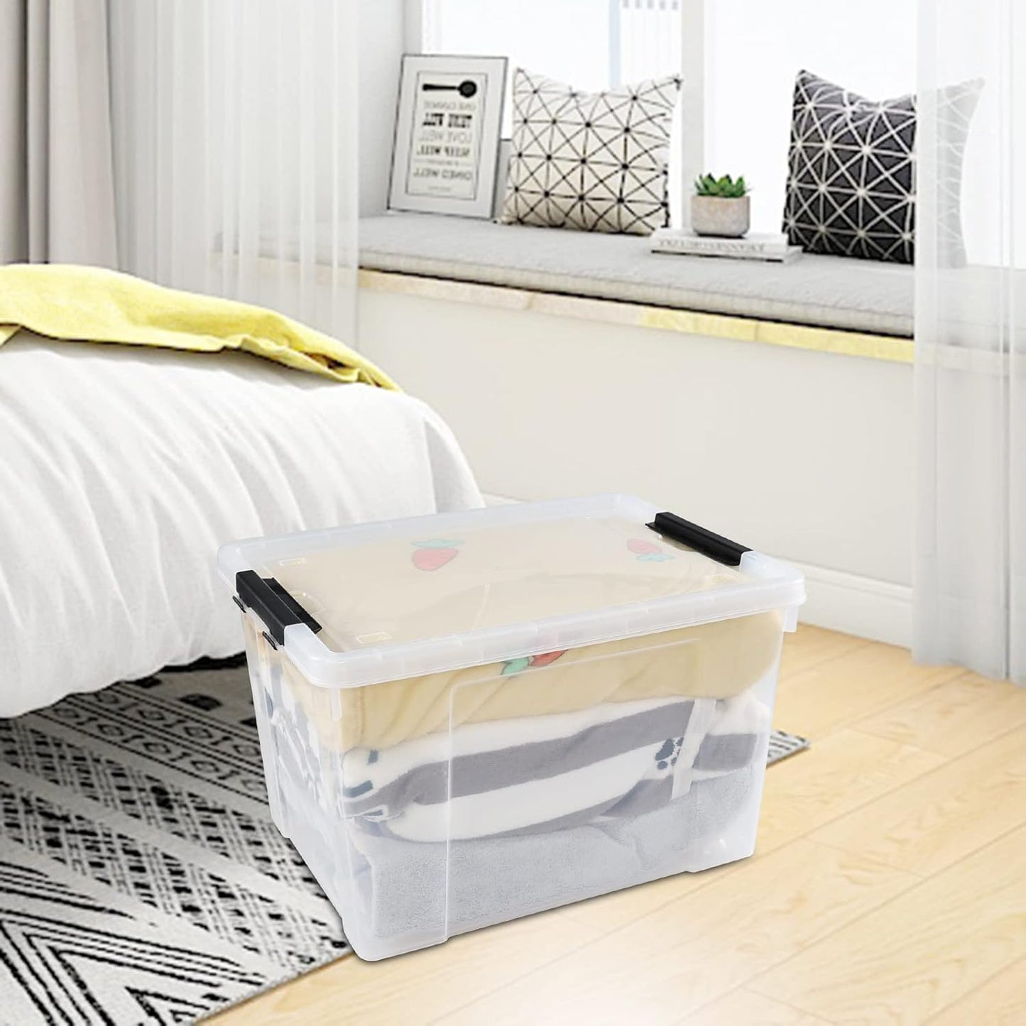 Drephia 4 Pack Clear Latch Storage Bin with Lid and Wheels, 50 L Large Plastic Storage Box