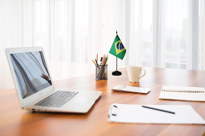 Brazil Brazilian Deluxe Desk Flag Set, Small Mini Miniature Brazil Brazilian Table Desktop Flags With Solid Pole, Black Base and Spear Top(2 Pack)