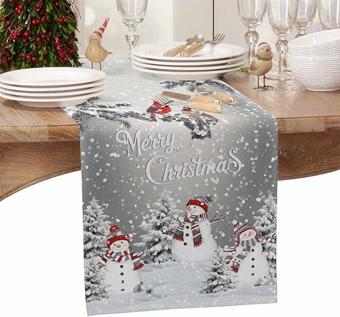 Christmas Snowman Cotton Linen Table Runner for Dining Kitchen, Snowflakes Xmas Pine Tree Wedding Outdoor Party Tablerunner Decoration Winter Bird Dresser Scarf Coffee Tablecloth Runners 13x48 Inches