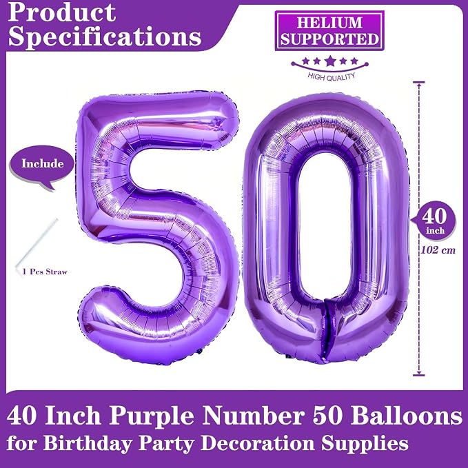 Purple 50 Number Balloons, 40 Inch Giant Number 50 Balloons Foil Mylar Helium - Image 2