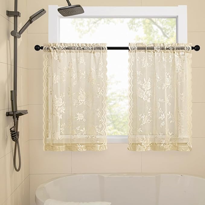 SEEKRIGHT Beige Lace Cafe Curtains 36 Inch Length Rod Pocket Privacy Sheer - Image 3