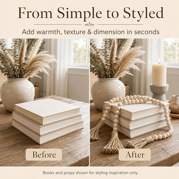 58in Wood Bead Garland Tassels, Farmhouse Tiered Tray Decor | Natural wood beads - Image 4